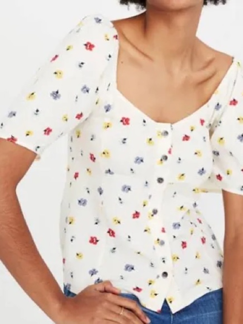 Madewell White Yellow Red Floral Scoop-Neck Button Front Top